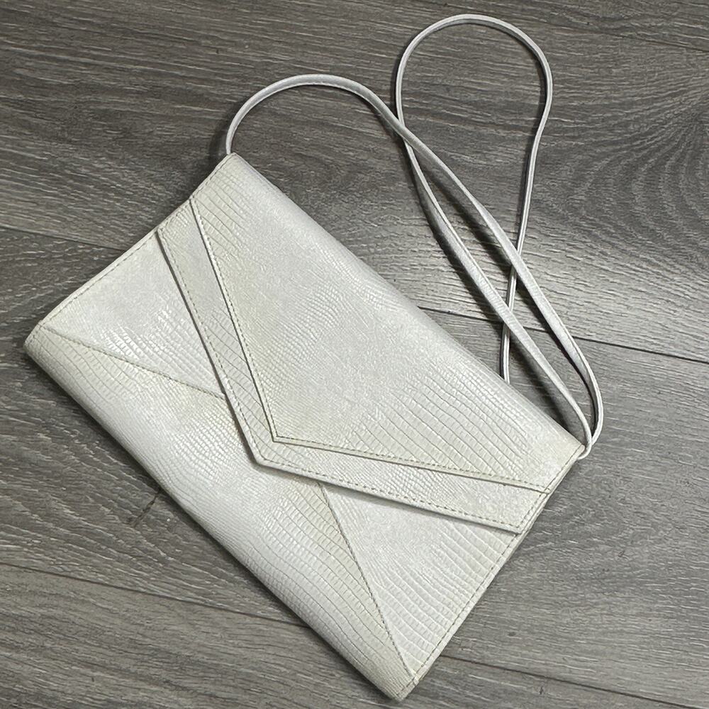 Vtg Lizard Embossed Leather Handbag S White Clutch Purse Shoulder Bag Lined
